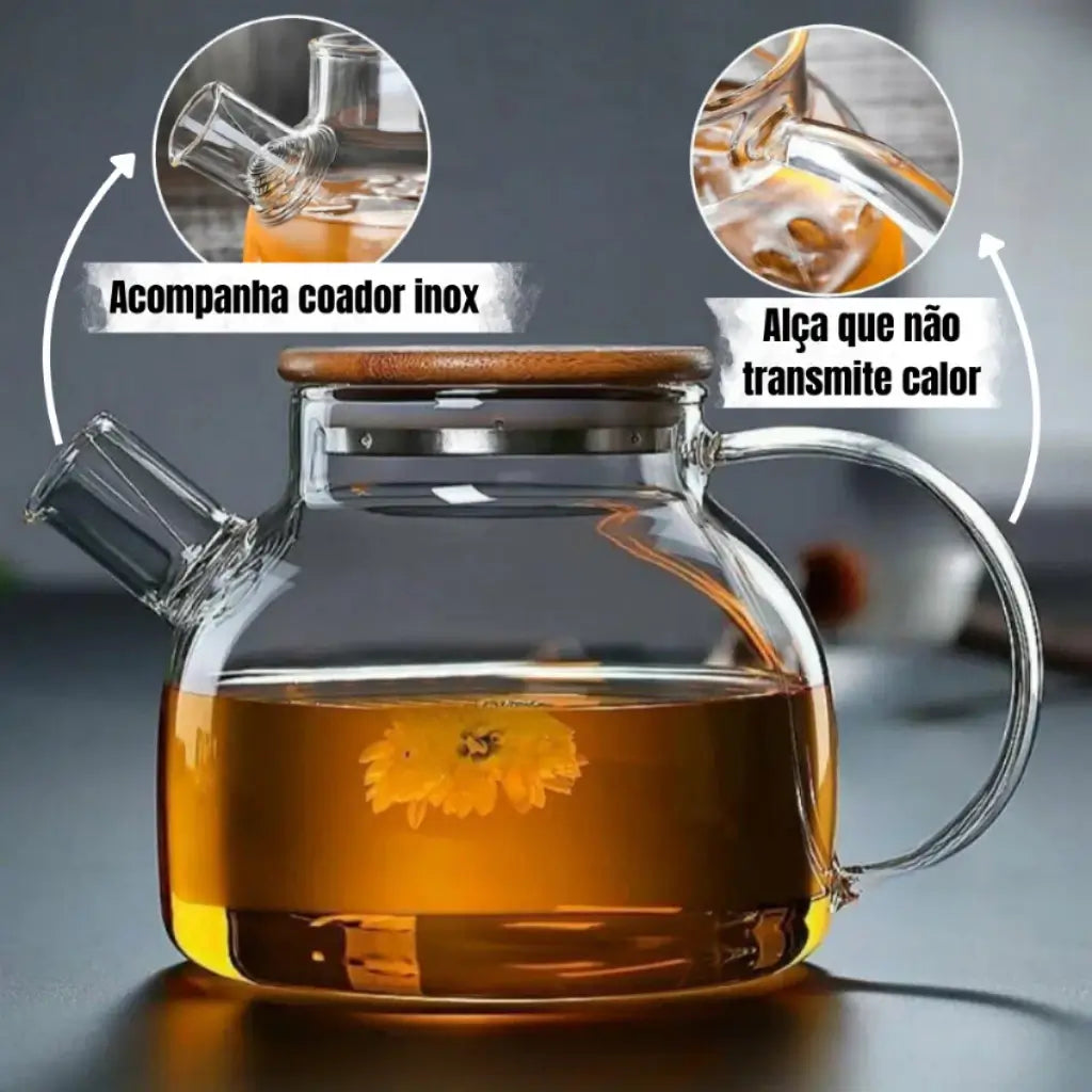 Chaleira de Vidro 1000ml | Infusor Inox e Resistente ao Fogo