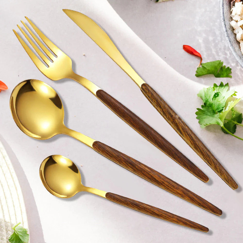 Conjunto de Talheres em Aço Inox Dourado com Cabo Rústico Classic Glamour